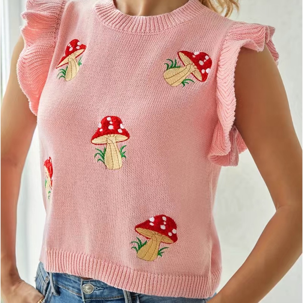 VINTAGE INSPIRED PINK RED & WHITE POLKADOT RUFFLE MUSHROOM SWEATER KNIT TOP - Picture 4 of 6